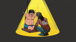 Rule 34 | 2boys, absurdres, american flag, andou mamoru, blue footwear, blue pants, blue shorts, bound, bound arms, brown jacket, cigarette, commentary request, corrugated galvanized iron sheet, fat, fat man, full body, glasses, grey background, highres, inudori, itou kaiji, jacket, kaiji, long hair, looking at another, male focus, multiple boys, nipples, opaque glasses, open mouth, pants, republic of china flag, rope, round eyewear, shoes, short bangs, short hair, shorts, simple background, smoking, sneakers, south korean flag, spotlight, squatting, sweat, topless male, united nations flag