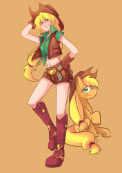 Rule 34 | 1girl, apple, applejack, belt, belt buckle, blonde hair, boots, buckle, cowboy hat, cowboy western, dual persona, food, freckles, fringe trim, fruit, gloves, gomipomi, green eyes, hand on headwear, hand on own hip, hat, holding, holding clothes, holding hat, long hair, low-tied long hair, midriff, my little pony, my little pony: friendship is magic, orange background, personification, ponytail, shirt, shorts, tied shirt, vest