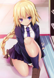 Rule 34 | 1girl, blazer, blonde hair, blush, bow, braid, breasts, brown bow, brown footwear, collared shirt, eyebrows, fate/apocrypha, fate/grand order, fate (series), hair bow, indoors, jacket, jeanne d&#039;arc (fate), jeanne d&#039;arc (ruler) (fate), kneehighs, kneeling, large breasts, loafers, long hair, long sleeves, low-tied long hair, miniskirt, on one knee, open clothes, open jacket, pleated skirt, purple eyes, purple skirt, purple socks, ruler (fate/grand order), sen (astronomy), shelf, shiny skin, shirt, shoes, single braid, skirt, socks, solo, tareme, thighs, very long hair, white shirt