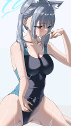 Rule 34 | 1girl, absurdres, animal ear fluff, animal ears, bare arms, bare shoulders, bikini tug, blue archive, blue eyes, breasts, bright pupils, cleavage, closed mouth, competition swimsuit, covered navel, cross hair ornament, from side, grey background, grey hair, hair down, hair ornament, highres, katagirinanoka, medium breasts, one-piece swimsuit, shiroko (blue archive), shiroko (swimsuit) (blue archive), swimsuit