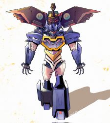 Rule 34 | assault visor, commentary, decepticon, english commentary, highres, laserbeak, mecha, mechanical wings, mostly him, non-humanoid robot, open hands, red eyes, robot, robot animal, shadow, solo focus, soundwave (transformers), straight-on, transformers, transformers: earthspark, walking, white background, wings