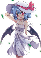 Rule 34 | 1girl, beni kurage, blush, bow, dress, hat, hat bow, hat ribbon, highres, light purple hair, looking at viewer, parted lips, red bow, red eyes, red ribbon, remilia scarlet, ribbon, see-through silhouette, short hair, smile, solo, sundress, touhou, white dress, wings