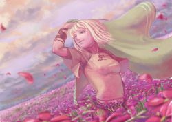 Rule 34 | 1girl, absurdres, blonde hair, blurry, breasts, cloud, commentary request, depth of field, drag-on dragoon, drag-on dragoon 2, field, flower, flower field, highres, manah, medium breasts, outdoors, parted lips, red eyes, short hair, smile, solo