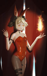 Rule 34 | 1girl, absurdres, alternate costume, animal ears, arknights, bad id, bad pixiv id, bare arms, bare shoulders, breasts, chinese commentary, commentary request, cowboy shot, fake animal ears, fire, grey pantyhose, hands up, highres, horns, ifrit (arknights), leg ribbon, leotard, material growth, mole, mole under eye, orange eyes, originium arts (arknights), oripathy lesion (arknights), pantyhose, playboy bunny, pyrokinesis, rabbit ears, red leotard, ribbon, short hair, silver hair, small breasts, smile, solo, standing, strapless, strapless leotard, thigh ribbon, thighs, w, yuxing yuhang