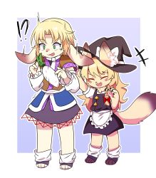 Rule 34 | !?, +++, absurdres, animal ear fluff, animal ears, apron, arm warmers, black headwear, black shirt, black skirt, black vest, blonde hair, bow, braid, brown shirt, closed eyes, commentary request, cookie (touhou), daikon, ears through headwear, fang, flat chest, fox ears, fox girl, fox tail, frilled apron, frills, full body, furrification, furry, furry female, green eyes, hair bow, hat, hat bow, highres, inabahitomi, joker (cookie), kirisame marisa, loose socks, mizuhashi parsee, open mouth, parted bangs, pawpads, pointy ears, rabbit ears, rabbit girl, radish, red bow, shirt, short hair, short sleeves, side braid, single braid, skirt, smile, socks, star (symbol), suzu (cookie), tail, touhou, undershirt, vest, waist apron, white apron, white bow, white legwear, witch hat