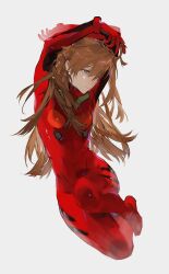 Rule 34 | 1girl, arms up, blue eyes, bodysuit, breasts, brown hair, closed mouth, full body, glaring, grey background, hair over one eye, half-closed eyes, highres, long hair, looking ahead, neon genesis evangelion, one eye covered, perdrekisuru, pilot suit, plugsuit, red bodysuit, serious, shiny clothes, simple background, small breasts, solo, souryuu asuka langley, very long hair, wide hips