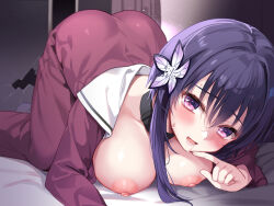 Rule 34 | 1girl, blush, breasts, breasts out, collar, dress, finger to mouth, hair ornament, heart, heart-shaped pupils, ikura nagisa, indoors, large breasts, long hair, long sleeves, looking at viewer, nipples, open clothes, open mouth, original, purple eyes, purple hair, red dress, solo, symbol-shaped pupils