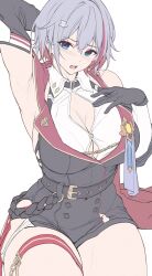 Rule 34 | 1girl, arm up, armpits, bare shoulders, belt, black belt, black gloves, blue eyes, breasts, cleavage, commentary, gloves, grey hair, hand on own chest, highres, honkai: star rail, honkai (series), large breasts, multicolored hair, open mouth, re0n, red hair, sitting, solo, streaked hair, thigh strap, thighs, topaz (honkai: star rail), unfinished