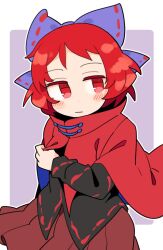 Rule 34 | 1girl, black shirt, blue bow, blush, bow, brown skirt, cape, closed mouth, hair bow, ini (inunabe00), long sleeves, pleated skirt, red cape, red eyes, red hair, sekibanki, shirt, short hair, skirt, solo, touhou