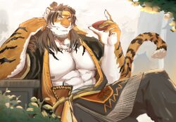 Rule 34 | 1boy, animal ears, arknights, bara, bare pectorals, beard, cup, elbow rest, facial hair, feet out of frame, furry, furry male, hand up, headband, highres, holding, holding cup, huai tianpei (arknights), large pectorals, long hair, male focus, mature male, muscular, muscular male, open clothes, pectorals, pelvic curtain, sakazuki, sleeves rolled up, solo, sonchai (asha sonchai173), striped fur, thick eyebrows, tiger boy, tiger ears, yellow eyes, yellow headband