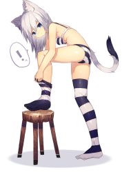 Rule 34 | !, 1girl, animal ear fluff, animal ears, artistic error, ass, back, blue eyes, blush, bra, breasts, cat ears, cat tail, from side, full body, half-closed eyes, highres, long hair, mamuru, original, panties, silver hair, simple background, small breasts, solo, spoken exclamation mark, spoken expression, stool, striped bra, striped clothes, striped panties, striped thighhighs, tail, thighhighs, thighhighs pull, underwear, underwear only, white background, wrong foot