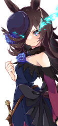Rule 34 | 1girl, absurdres, animal ears, bare shoulders, black bow, blue flower, blue rose, blush, bow, breasts, brown hair, closed mouth, commentary request, cowboy shot, dagger, dress, flower, glowing, glowing eye, hair over one eye, highres, horse ears, horse girl, knife, kurokawa heuy, long hair, long sleeves, looking at viewer, purple dress, purple headwear, rice shower (umamusume), rose, sheath, sheathed, simple background, small breasts, smile, solo, tilted headwear, umamusume, weapon, white background
