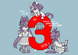 Rule 34 | 3girls, air shakur (umamusume), animal ears, anniversary, black hair, blue background, bow, bowtie, closed mouth, clothing cutout, computer, copyright name, crossed bangs, dated, ear covers, expressionless, hand up, hi (ibisf5umauma), highres, horse ears, horse girl, horse tail, indian style, katsuragi ace (umamusume), laptop, long hair, long sleeves, looking at viewer, multiple girls, open mouth, partially colored, ponytail, sailor collar, shirt, shoes, short hair, sitting, skirt, smile, standing, symboli kris s (umamusume), tail, tail through clothes, thighhighs, umamusume, v-shaped eyebrows, w