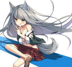 Rule 34 | 1girl, :q, animal ears, bad id, bad pixiv id, collarbone, flat chest, grey hair, loafers, long hair, navel, open clothes, open shirt, original, plaid, plaid skirt, school uniform, shirt, shoes, sitting, skirt, solo, tail, tepes, tongue, tongue out, undressing, wolf ears, wolf tail, yellow eyes