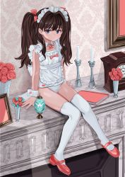 Rule 34 | 1girl, analog clock, apron, arms at sides, blue eyes, book, brown hair, candle, candlestand, clock, closed mouth, detached collar, elisia valfelto, fireplace, flower, foot dangle, full body, hair intakes, highres, indoors, knees together feet apart, light frown, long hair, looking at viewer, luicent, maid, maid apron, maid headdress, mantle clock, mary janes, neck ribbon, one-piece swimsuit, original, picture frame, pink flower, pink rose, red footwear, ribbon, rose, school swimsuit, shoes, sitting, solo, swimsuit, thighhighs, twintails, vase, wallpaper (object), white apron, white one-piece swimsuit, white thighhighs, wrist cuffs