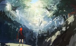 Rule 34 | 1girl, building, city, from behind, lia-sama, long hair, multiple torii, pixiv fantasia, pixiv fantasia new world, red hair, solo, star (symbol), sword, torii, tree, twintails, weapon