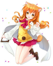 Rule 34 | 10s, 1girl, :d, animal ears, bad id, bad pixiv id, bow, candy, cape, clipboard, dog days, dog ears, dog girl, dog tail, food, highres, holding, jelly bean, juna, legs up, long hair, open mouth, orange hair, ricotta elmar, school uniform, simple background, skirt, smile, solo, tail, white background, yellow eyes