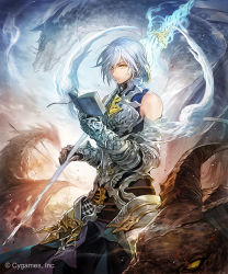 Rule 34 | 10s, 1boy, armor, bare shoulders, book, breastplate, closed mouth, dragon, energy weapon, gauntlets, grimnir (granblue fantasy), hakou (barasensou), holding, holding book, holding polearm, holding spear, holding weapon, looking at viewer, magic, male focus, official art, open book, polearm, shingeki no bahamut, silver hair, solo, spear, standing, watermark, weapon, yellow eyes