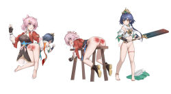 2girls age_difference amulet anklet anus ass attack_of_the_hatogod bare_shoulders bdsm black_footwear blue_hair blush bondage bottomless bound breasts brown_eyes cleft_of_venus crown feet fingerless_gloves full_body gloves groin hair_ornament hand_up holding holding_sword holding_weapon honkai:_star_rail honkai_(series) humiliation jewelry kneepits large_breasts march_7th_(honkai:_star_rail) medium_hair multiple_girls multiple_views navel open_mouth petite pink_hair pussy red_eyes restrained role_reversal scared small_breasts spanked spanking sword thigh_strap thighhighs thighs toenails weapon white_background white_thighhighs yunli_(honkai:_star_rail) zettai_ryouiki