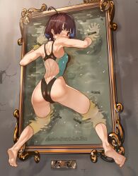 Rule 34 | 1girl, ahoge, ass, bare legs, barefoot, brown eyes, brown hair, competition swimsuit, from behind, full body, glory wall, highres, koutetsujou no kabaneri, looking at viewer, looking back, median furrow, mumei (kabaneri), one-piece swimsuit, restrained, short hair, solo, stuck, swimsuit, through wall, vorpal cotton