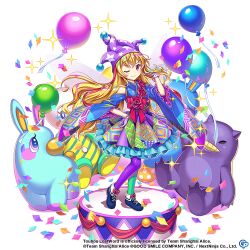 Rule 34 | 1girl, ;), alternate costume, asymmetrical legwear, balloon, bare shoulders, black footwear, blonde hair, bow, clownpiece, clownpiece (the goddess of hell&#039;s favorite), commentary, confetti, copyright name, copyright notice, english commentary, full body, game cg, hand in own hair, hat, japanese clothes, jester cap, kimono, long hair, looking at viewer, mismatched legwear, multicolored clothes, multicolored kimono, one eye closed, purple hat, red bow, rotte (1109), smile, solo, standing, star (symbol), star print, third-party source, touhou, touhou lostword