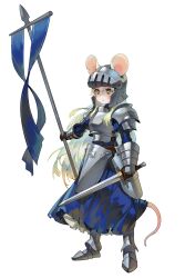 Rule 34 | 1girl, animal ears, armor, blue dress, breastplate, colored skin, commentary, dress, ears through headwear, english commentary, flag, gemi ningen, helm, helmet, highres, holding, holding flag, holding sword, holding weapon, knight, long hair, mouse ears, mouse girl, mouse tail, original, ratkin (rimworld), rimworld, shoulder plates, solo, standing, sword, tail, weapon, white hair, white skin