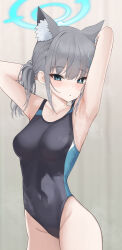 Rule 34 | 1girl, :o, absurdres, animal ear fluff, animal ears, aqua eyes, armpits, arms up, blue archive, blush, breasts, collarbone, competition swimsuit, earrings, grey hair, groin, halo, highres, jewelry, jimwh37, looking at viewer, medium breasts, mismatched pupils, one-piece swimsuit, presenting armpit, shiroko (blue archive), shiroko (swimsuit) (blue archive), side ponytail, solo, stud earrings, swimsuit, two-tone one-piece swimsuit, wolf ears