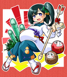 Rule 34 | 1girl, arrow (projectile), bamboo, bell, black hair, daruma doll, hair bell, hair ornament, hamaya, highres, japanese clothes, kadomatsu, kugelschreiber, looking at viewer, open mouth, original, pregnant, purple eyes, sandals, side ponytail, smile, solo, tabi