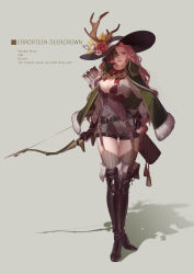 Rule 34 | 1girl, absurdres, antlers, arrow (projectile), belt, belt buckle, black thighhighs, boots, bow (weapon), breasts, buckle, cape, character name, cleavage, closed mouth, cross-laced footwear, elf, english text, fingerless gloves, flower, freckles, fur trim, gloves, green eyes, hat, hat flower, highres, holding, holding weapon, horns, lace-up boots, lace trim, leather, leather boots, legs together, looking at viewer, md5 mismatch, medium breasts, monica kyrie, original, pants, pink hair, pointy ears, quiver, resolution mismatch, ribbon, rose, shadow, simple background, smile, solo, source smaller, standing, thigh gap, thighhighs, thighhighs under boots, weapon