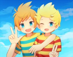 Rule 34 | 0mzum1, 2boys, :d, ;d, aqua shirt, arm around shoulder, blonde hair, blue eyes, blue sky, blush, brothers, claus (mother 3), cloud, commentary request, day, fang, hand up, looking at viewer, lucas (mother 3), male focus, mother (game), mother 3, multiple boys, nintendo, one eye closed, open mouth, orange hair, outdoors, parted bangs, quiff, red shirt, shirt, short hair, short sleeves, siblings, sky, smile, striped clothes, striped shirt, t-shirt, two-tone shirt, upper body, v, v-shaped eyebrows, w, yellow shirt