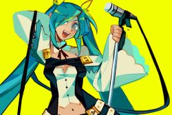 Rule 34 | 1girl, blue eyes, blue hair, borcheim, commentary, cosplay, dizzy (guilty gear), dizzy (guilty gear) (cosplay), english commentary, guilty gear, hair ribbon, hair rings, hatsune miku, highres, long hair, looking at viewer, microphone, miku day, open mouth, ribbon, smile, solo, tail, tail ornament, tail ribbon, vocaloid, yellow ribbon
