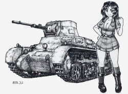 Rule 34 | 1girl, aoshidan school uniform, ballpoint pen (medium), belt, boots, breasts, cleavage, clenched hand, collared shirt, commentary request, el (girls und panzer), girls und panzer, greyscale, hand on own hip, highres, kneehighs, looking at viewer, medium breasts, medium hair, military, military vehicle, miniskirt, monochrome, motor vehicle, nspa (spa-jcs), open mouth, panzer i, panzer i, partial commentary, partially unbuttoned, school uniform, shirt, short sleeves, skirt, smile, socks, solo, standing, suspender skirt, suspenders, tank, traditional media, twitter username