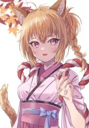Rule 34 | 1girl, :d, animal ear fluff, animal ears, blonde hair, braid, breasts, cat ears, cat girl, cat tail, fang, fingernails, fire emblem, fire emblem: radiant dawn, fire emblem heroes, fuussu (21-kazin), hair between eyes, hair ribbon, hand up, japanese clothes, kimono, lyre (fire emblem), lyre (new year) (fire emblem), medium breasts, nintendo, official alternate costume, open mouth, purple eyes, purple sash, ribbon, sash, short hair, single braid, smile, solo, tail, tail raised, white kimono, white ribbon, yellow tail