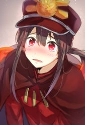 Rule 34 | 1boy, bad id, bad pixiv id, black hair, blush, cloak, fate/grand order, fate (series), hat, highres, long hair, looking at viewer, low ponytail, male focus, military, military hat, military uniform, oda nobukatsu (fate), oda nobuyuki (fate/grand order), open mouth, ponytail, red eyes, sidelocks, solo, tears, tomozero, uniform, upper body