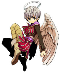 Rule 34 | 1boy, angel, angel wings, bad id, bad pixiv id, boots, brown eyes, dragon quest, dragon quest ix, flying, full body, halo, hero (dq9), level-5, long sleeves, male focus, pteruges, solo, white hair, wings, zakki
