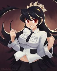 Rule 34 | 1girl, black hair, black skirt, blouse, breasts, clenched hands, clenched teeth, facing viewer, filia (skullgirls), highres, looking at viewer, medium breasts, navel, necktie, red eyes, rolleta sousa, samson (skullgirls), self-upload, shirt, skirt, skullgirls, smile, solo, teeth, twitter username, white shirt
