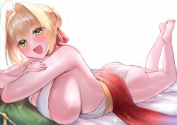 Rule 34 | 1girl, ahoge, ass, barefoot, blonde hair, blush, breasts, commentary request, eyelashes, fate/extra, fate/grand order, fate (series), green eyes, hair between eyes, hair intakes, hair ribbon, highres, huge breasts, large breasts, looking at viewer, nero claudius (fate), nero claudius (fate) (all), nero claudius (fate/extra), nero claudius (formal dress) (fate), official alternate costume, open mouth, ribbon, short hair, sideboob, solo, thighs, white background, yayoi maka