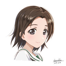 Rule 34 | 10s, 1girl, artist name, blouse, brown eyes, brown hair, closed mouth, dated, girls und panzer, looking at viewer, ooarai school uniform, parted bangs, portrait, sawa azusa, school uniform, serafuku, shamakho, shirt, short hair, signature, simple background, smile, solo, white background, white shirt