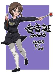 Rule 34 | 1girl, 2023, belt, birthday, black belt, black dress, black footwear, brown eyes, brown hair, chain, chain necklace, character name, collared dress, commentary, dated, dress, english text, girls und panzer, glasses, gorget, holding, holding sign, holding whistle, japanese tankery league judge uniform, jewelry, judge, loafers, long sleeves, looking to the side, medallion, necklace, outline, pantyhose, purple background, rimless eyewear, round eyewear, sasagawa kanon, shoes, short dress, short hair, sign, simple background, solo, standing, standing on one leg, takahashi kurage, translated, uniform, whistle, white outline, wing collar