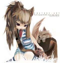 Rule 34 | animal ears, bag, brown hair, dog, kneeling, liki, long hair, mouth hold, ponytail, red eyes, solo, tail