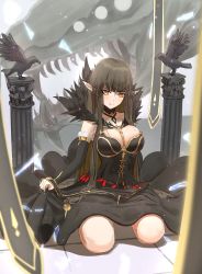 Rule 34 | 1girl, absurdres, aomaru (shta-chu-jisuiai), bare shoulders, black dress, black hair, blunt bangs, breasts, cleavage, closed mouth, commentary request, detached collar, detached sleeves, dragon, dress, fate/apocrypha, fate/grand order, fate (series), fur trim, gold trim, highres, long hair, looking at viewer, medium breasts, pointy ears, seiza, semiramis (fate), sitting, slit pupils, smile, very long hair, yellow eyes
