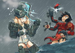Rule 34 | 2girls, absurdres, armor, bioluminescence, black hair, blonde hair, blood, body armor, bodysuit, cherno alpha, crimson typhoon, dissolving clothes, drivesuit, erica (naze1940), extra arms, flat chest, glowing, helmet, highres, jaeger (pacific rim), legendary pictures, mecha musume, mechanical arms, multiple girls, ocean, one-piece swimsuit, pacific rim, pan pacific defense corps, panties, personification, rain, roll of nickels (pacific rim), saw, short hair, side-tie panties, spoilers, swimsuit, tears, underwear, white one-piece swimsuit