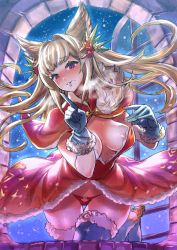 Rule 34 | 1girl, animal ears, areola slip, blonde hair, blue gloves, blue thighhighs, blush, breasts, capelet, cleavage, gloves, granblue fantasy, grin, long hair, looking at viewer, medium breasts, metera (granblue fantasy), mimonel, mole, mole under mouth, panties, purple eyes, red panties, smile, snowing, solo, thighhighs, underwear