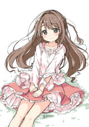Rule 34 | 1girl, blush, braid, breasts, brown eyes, brown hair, character name, collarbone, cowboy shot, curtained hair, dot nose, floating hair, frilled shirt, frills, hands on own thighs, idolmaster, idolmaster cinderella girls, jewelry, kuresuku (lessons), long hair, long sleeves, looking at viewer, necklace, own hands together, petticoat, pink skirt, shimamura uzuki, shirt, simple background, single braid, sitting, skirt, small breasts, solo, wavy hair, white background, wide sleeves