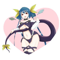 Rule 34 | 1girl, arc system works, blue hair, breasts, cleavage, dizzy (guilty gear), female focus, guilty gear, happy, heart, open mouth, red eyes, ribbon, simple background, solo, tail, white background, wings