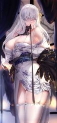 Rule 34 | 1girl, au11, azur lane, bare shoulders, belfast (azur lane), belfast (folded fascination) (azur lane), biting, black coat, blue eyes, breasts, choker, cleavage, coat, collar, curtains, garter straps, gloves, hair over one eye, hair ribbon, highres, in mouth, japanese clothes, kimono, large breasts, obi, off shoulder, panties, ribbon, sash, silver hair, skindentation, solo, standing, thighhighs, thighs, underwear, white gloves, white kimono, white panties, white thighhighs, window