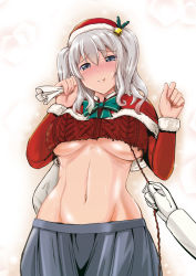 Rule 34 | 10s, 1girl, alternate costume, aran sweater, assisted exposure, blue eyes, blush, bow, bowtie, breasts, cable knit, capelet, christmas, closed mouth, cowboy shot, fur trim, green bow, green bowtie, grey skirt, groin, hair between eyes, hat, kantai collection, kashima (kancolle), kumoi takashi, large breasts, long sleeves, looking at viewer, navel, nose blush, pov, pov hands, santa hat, silver hair, skirt, smile, solo focus, stomach, sweater, twintails, underboob, undressing, wardrobe malfunction