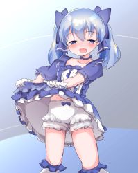 Rule 34 | bloomers, blue bow, blue choker, blue dress, blue eyes, blue hair, bow, choker, clothes lift, dress, dress lift, frilled dress, frills, gloves, hair bow, highres, lifted by self, nijisanji, puffy short sleeves, puffy sleeves, ryo (ryo nji sanji), short sleeves, twintails, underwear, virtual youtuber, white bloomers, white gloves, yuuki chihiro