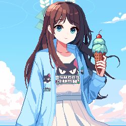 Rule 34 | 1girl, airi (band) (blue archive), airi (blue archive), black hair, blue archive, blue jacket, closed mouth, cloud, cloudy sky, commentary, english commentary, food, green eyes, green halo, halo, highres, holding, holding food, ice cream, jacket, long hair, long sleeves, open clothes, open jacket, pixel art, pleated skirt, shirt, skirt, sky, smile, solo, tinia etru, white shirt, white skirt