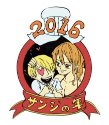 1boy 1girl age_difference blonde_hair highres long_hair nami_(one_piece) one_piece orange_hair sanji_(one_piece) smile translation_request